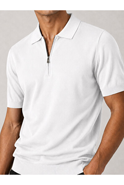 MODASPARK White Polo Collar Zippered Short Sleeve Men's T-Shirt