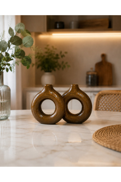 2'li Dekoratif Taş Tozu Vazo Seti 10 Cm Modern Dresuar, TV Ünitesi ve Salon Dekoru