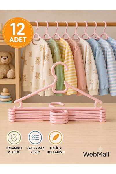 Webmall 12 Adet Lily Pembe Plastik Çocuk Elbise Askısı Bebek Kıyafet Askısı