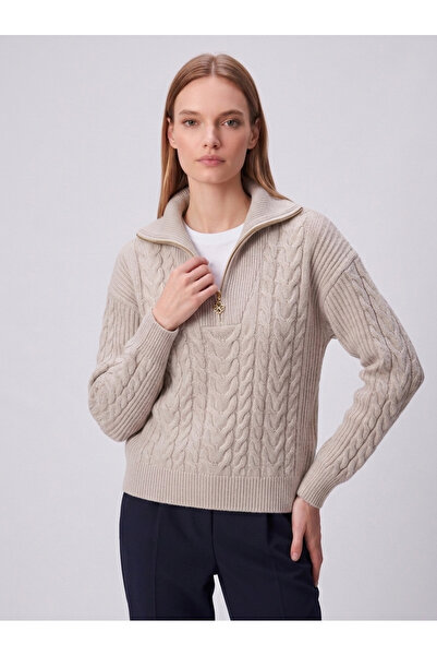 odelon Women's Hair Knitted Half Zipper Bato Collar Wool Knitwear Sweater Beige