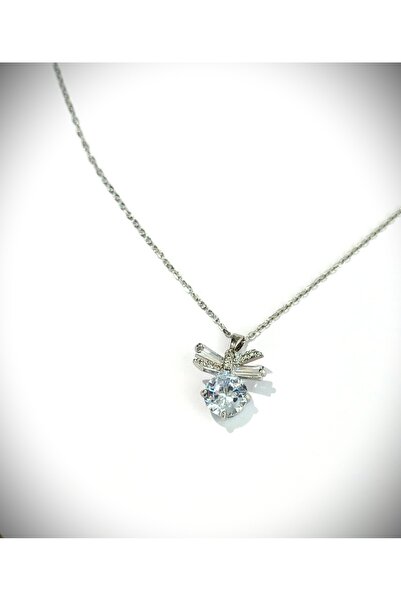 Umrece Baguette Stone Ribbon Necklace Silver