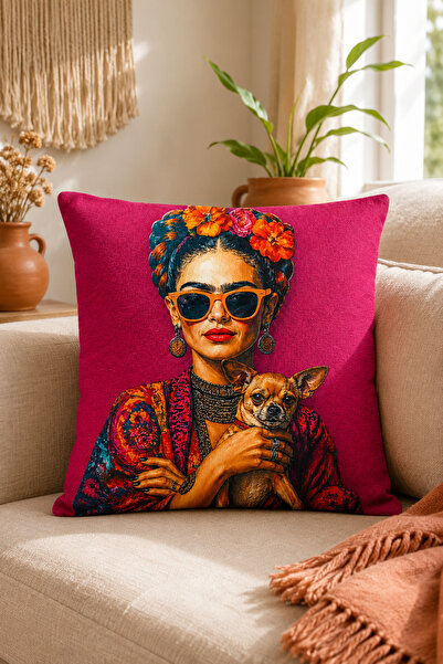 Evmila Flower Crowned Woman Dog Patterned Decorative Throw Pillow Cover Bohem...
