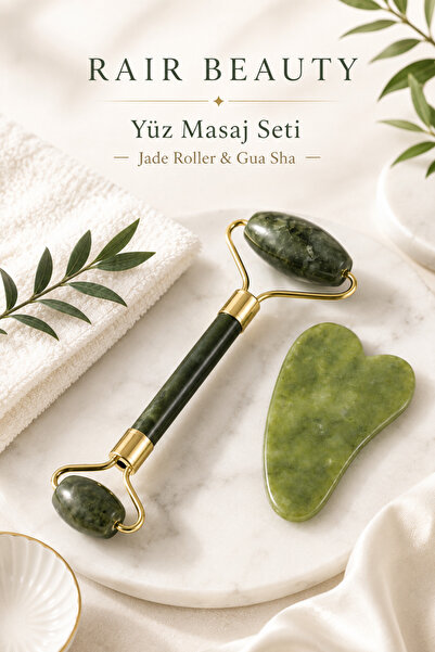 RAİR BEAUTY Jade Roller Çift Taraflı Yeşim Taşı ve Gua Sha Masaj Taşı 2'li Se...