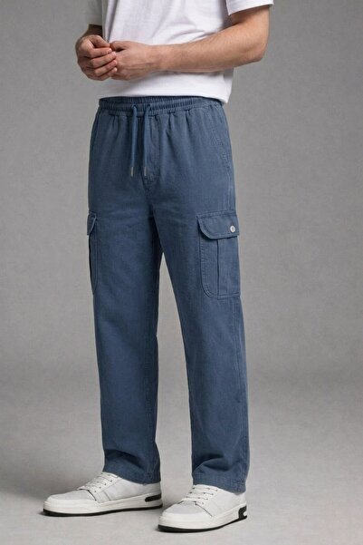 DAMGA JEANS Men's Blue Cargo Linen Trousers with Elastic Waist