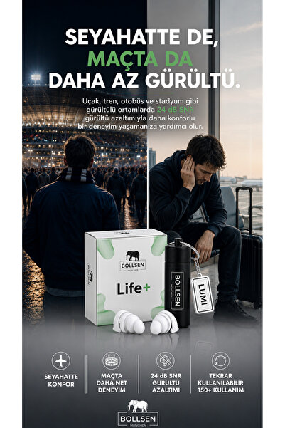 BOLLSEN Life+ Seyahat ve Spor Kulak Tıkaçları Silikon 24 dB SNR Gürültü Azalt...