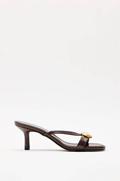 cevaplus Heeled Vintage Buckle Bitter Brown Women's Heeled Slippers
