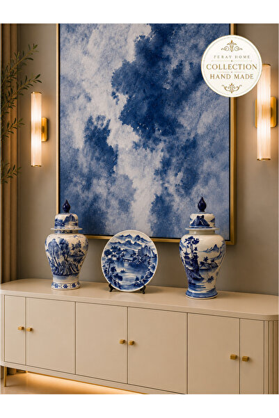 ferayhome Collection Series Handmade Blue and White Shah Jar and Plate - Fera...