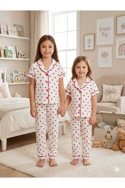 ALİSS ALİŞŞ Kız Çocuk Kalp Desenli %100 Pamuk Düğmeli Pijama Takımı Alt Üst Set