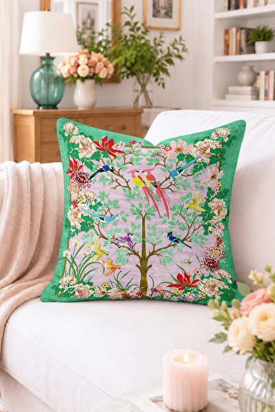 Home Kuş ve Çiçekli Ağaç Desenli Kırlent Kılıfı - Renkli Vintage Dekoratif Ya...