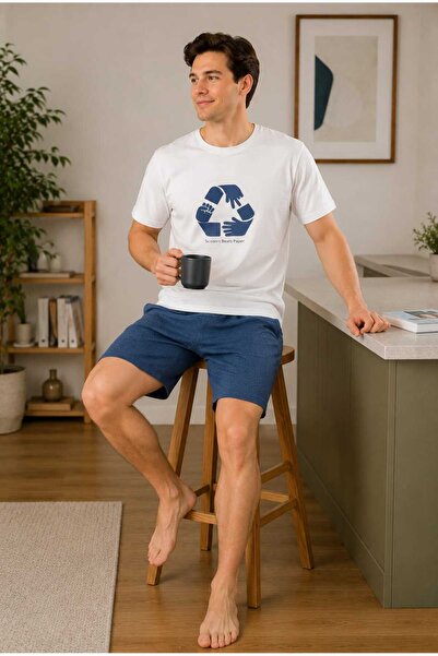 Tenra Men's Short Sleeve Shorts Printed 100% Cotton Pajama Set Home Wear
