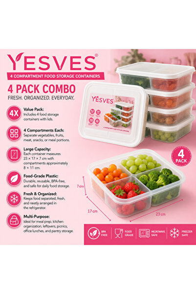 YESVES 4-Pack Food Storage Containers with 4 Compartments Each | 23×17×7 cm B...