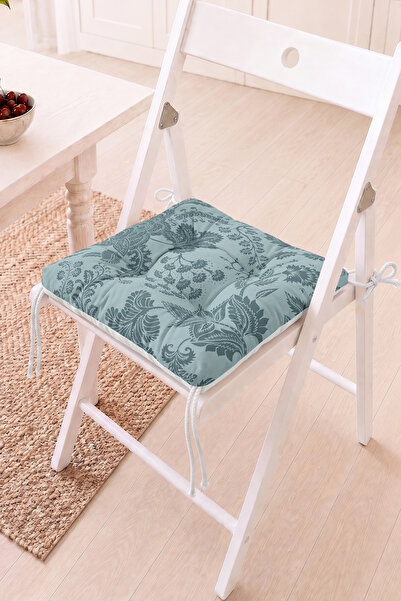 Home Turkuaz Üzerine Lacivert Çiçek ve Yaprak Desenli Pofidik Sandalye Minder...
