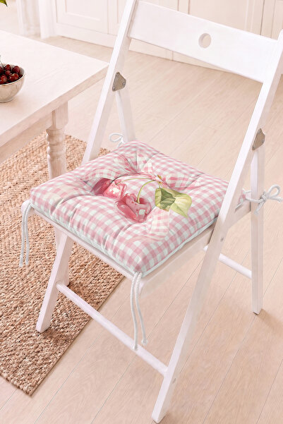 Home Kiraz ve Fiyonk Desenli Pembe Pötikare Pofidik Sandalye Minderi - Vintag...