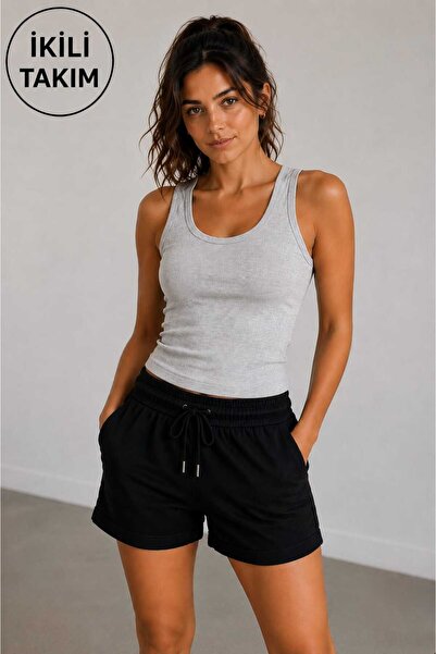 shop 2 li takım cepli şort ve askılı yuvarlak yaka fitilli kaşkorse crop atlet