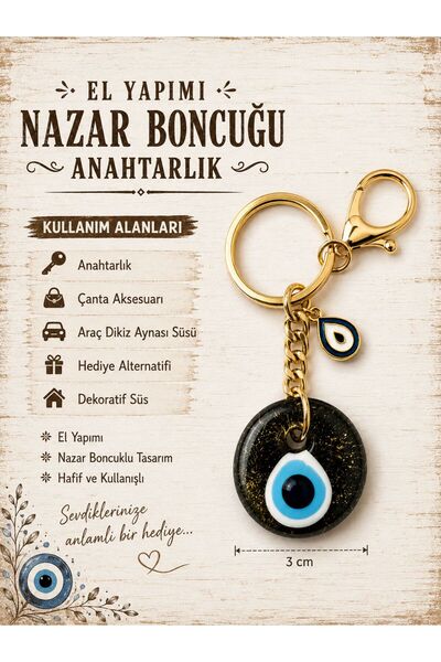 Novaly Store 3 cm Siyah Simli Nazar Boncuklu Anahtarlık – El Yapımı Dekoratif...