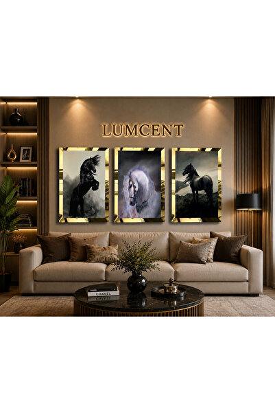 Lumcent 3 Parça At Temalı MDF Tablo Seti – Gümüş Pleksi Çerçeveli Premium Dek...