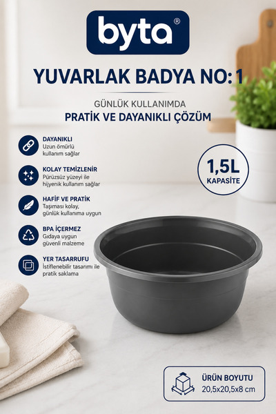 BYTA 1,5 L Yuvarlak Plastik Badya No:1 Çok Amaçlı Dayanıklı Mutfak ve Ev Kull...