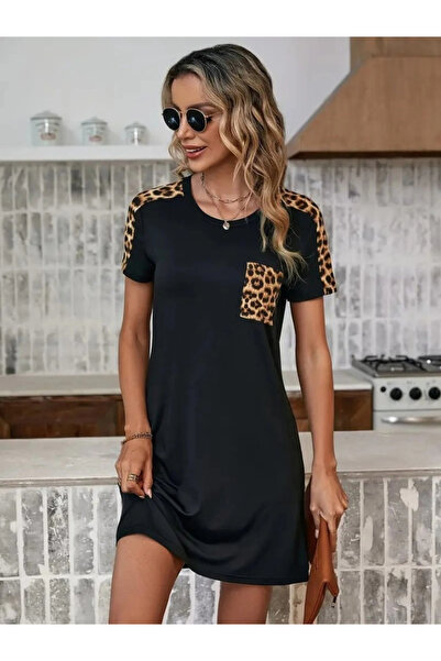 Beruflic Women's Short Sleeve Round Neck Pocket Leopard Print Viscose Dress