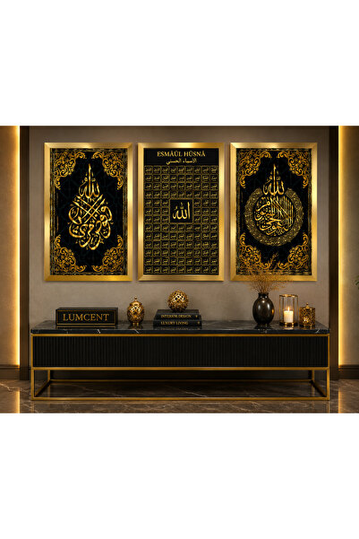 Lumcent 3 Parça Esmâü'l Hüsnâ ve Allah Lafzı MDF Tablo Seti – Altın Pleksi Çe...