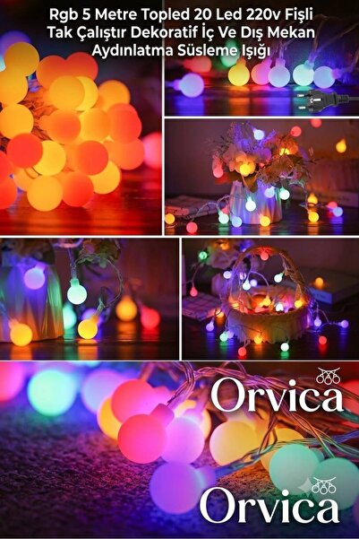 ORVİCA 5 Metre 8 Mod RGB Top LED Işık 20 LED 220V Fişli Tak Çalıştır Dekorati...