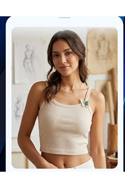 ROGEN FİT Women's Strappy Cotton Camisole with Lycra and Butterfly Detail