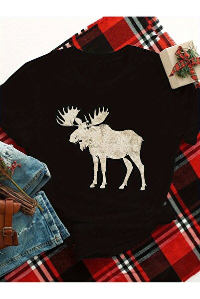 1001 Line Women'S Vintage Graphic T-Shirt - Black with White Detailed Moose S...