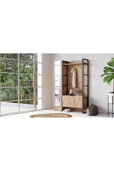 Adore Cuier cu pantofar Ortak cu oglinda, Stejar, 126x180x36 cm