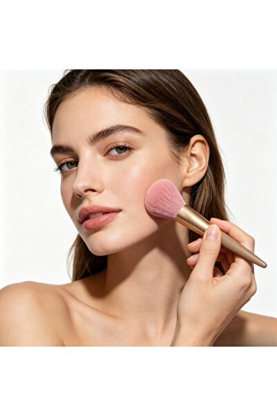 idei Pincel profesional de blush cu peri roz moi, mâner ergonomic bej cu feru...