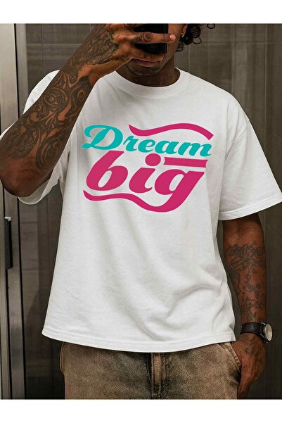 2mcup قميص رجالي أبيض 180 جرام 100% قطن مع طباعة تحفيزية "Dream Big" باللون ا...