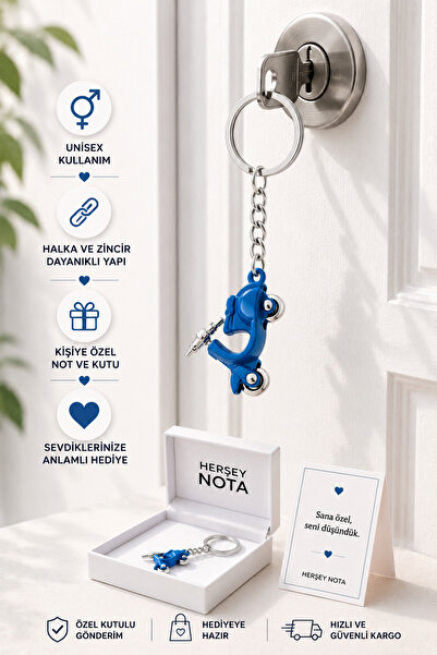 HER ŞEY NOTA www.herseynota.com Blue Moving Wheeled Vespa Keychain Unisex Met...