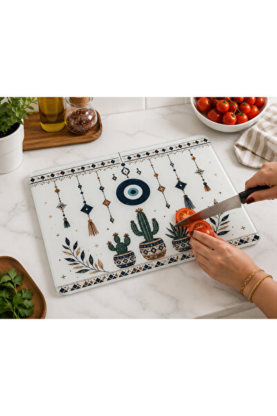 CONCEPT CAM Bohemian Evil Eye Cactus |   25X35 cm Tempered Glass Cutting Board