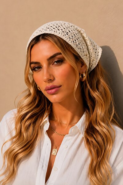 SHAKA Cream Shk2006 Women's Hand Knitted Bohemian Mesh Bandana Hair Band
