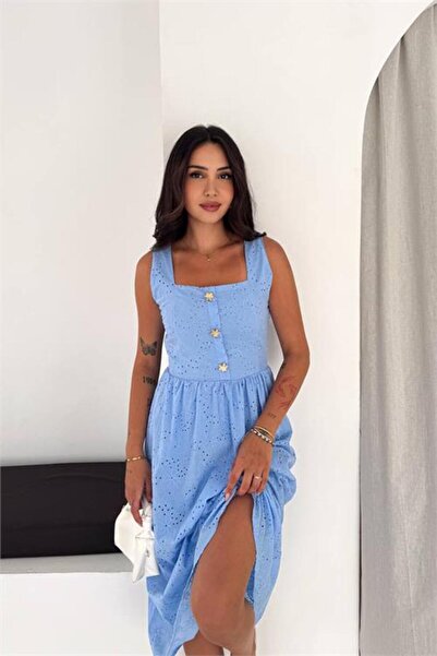 Neşeli Butik Ženska bebi plava haljina midi dužine sa izvezenim detaljima i d...