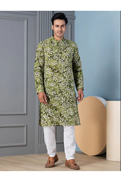 Devoiler Mens Floral Printed Cotton Kurta Set