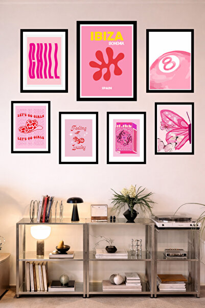 UNT Set de 7 tablouri cu aspect de ramă roz – Decor de perete în stil Coquett...
