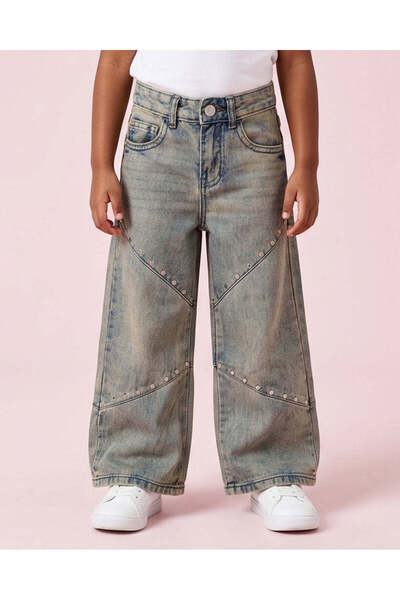 REDTAG Girls Blue Studded Wide Leg Jeans