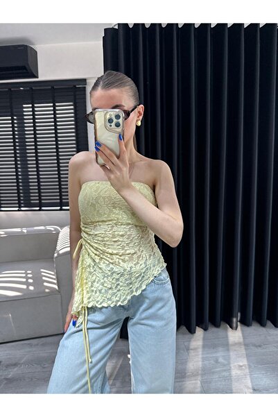 Özgece STRAPLEZ ASİMETRİK SARI DANTEL BLUZ