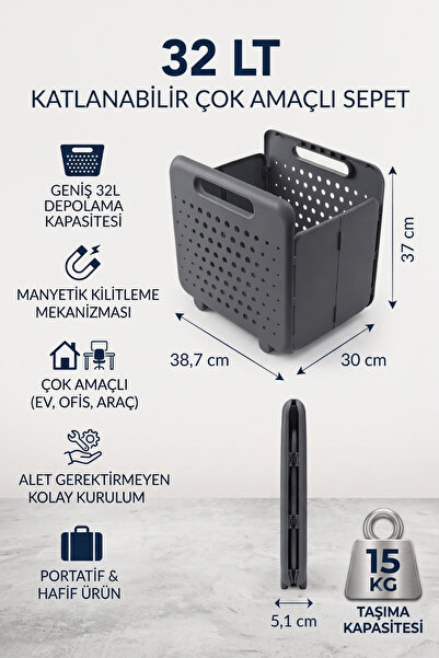 EVLE Katlanabilir Çok Amaçlı Saklama Sepeti Manyetik Kilitli Yer Kaplamayan O...