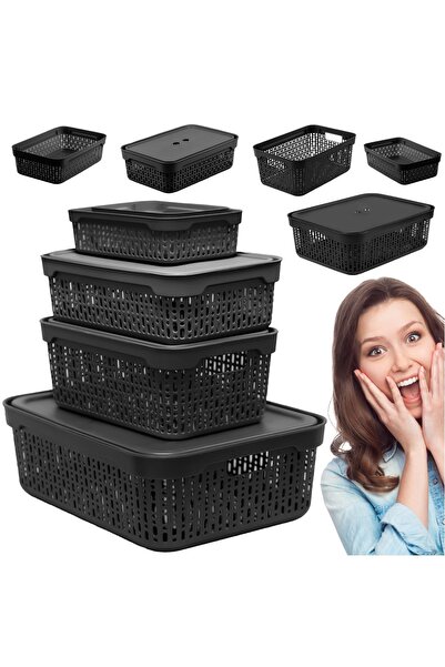 EDANTI Set de 5 coșuri goale din plastic, negre, pentru cosmetice de baie, pe...