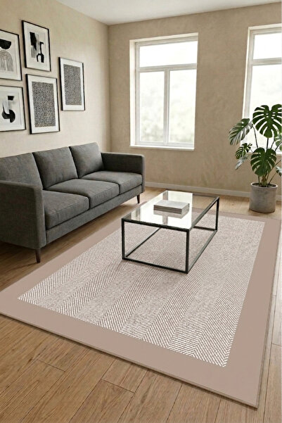 Bordo Halı Modern Vizon Çerçeveli Balıksırtı Desenli Dijital Baskı Kaymaz Tab...
