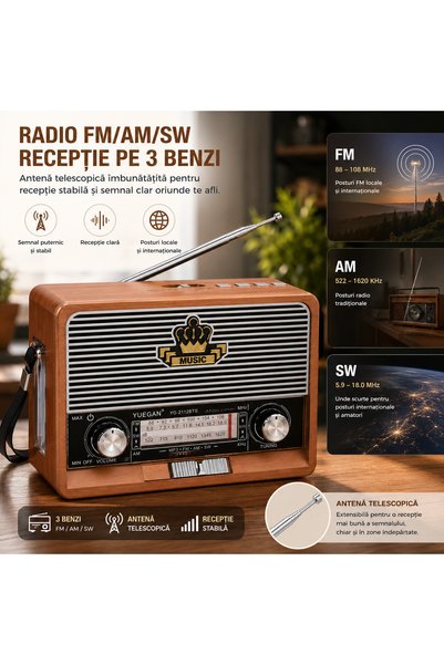 Yuegan Radio Portabil Retro Bluetooth YG-2112BTS, FM/AM/SW, USB, TF, AUX, Panou Solar, Lanternă LED, Maro