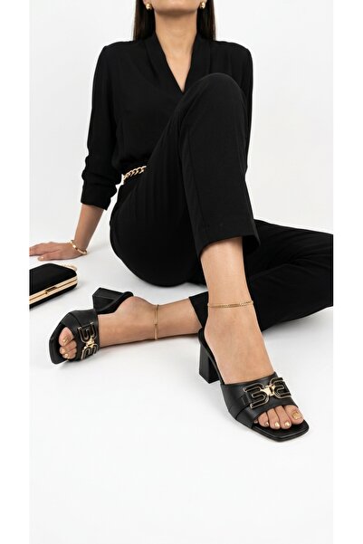 Eysha Mırev Women's Leather Thick Heeled Gold Buckle Square Toe Banded Daily ...