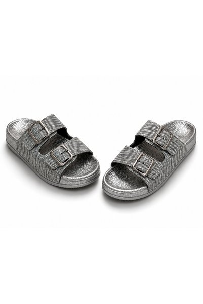 FLEXİS Women's Gray Silvery Double Buckle Orthopedic Sole Daily Slippers Gray - Non-Slip Slippers