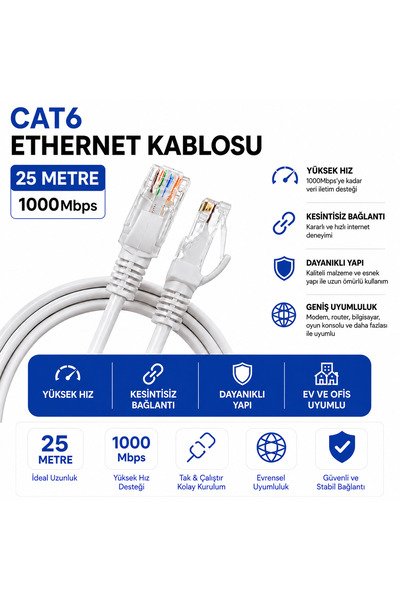 AŞIK STORE 25 Metre CAT6 Fabrikasyon Ethernet Kablosu 1000 Mbps Gigabit LAN İ...