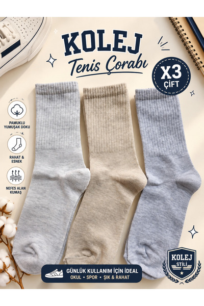 nettofit 3'lü Unisex Penye Pamuk Düz Spor Tenis Kolej Çorabı
