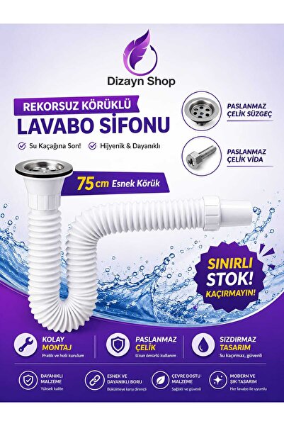 DİZAYNSHOP Körüklü Lavabo Sifonu A.Kalite (Esnek Gider Hortumu)1. Kalite