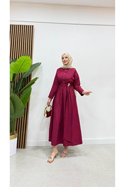 BRN IŞIK TESETTÜR Women's Buttoned Buckle Belt Detailed Hijab Dress
