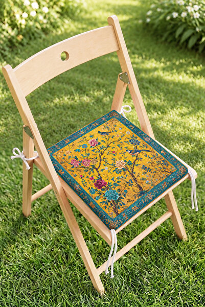 Home Çiçek ve Kuş Motifli Fermuarlı Sandalye Minderi - Sarı Zeminli Klasik De...