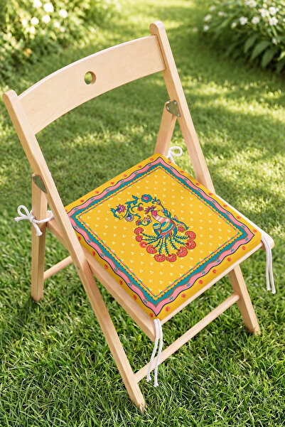 Home Kuş ve Çiçek Motifli Sarı Fermuarlı Sandalye Minderi - Etnik Desenli Mut...