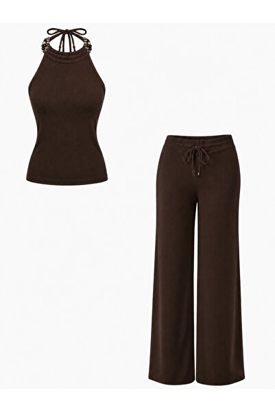 EVOA Women's Beaded Detailed Backless Blouse and Wide-Leg Pants Set